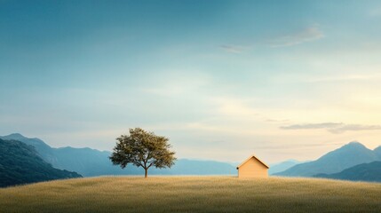 Solitary house and tree on a tranquil hillside during early morning with misty mountains in the background