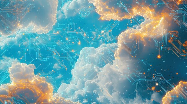 Abstract Digital Cloud Computing Network with Futuristic Connections Against a Vibrant Blue and Orange Sky