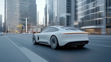 Modern electric vehicle navigating a futuristic cityscape with digital interface elements visible
