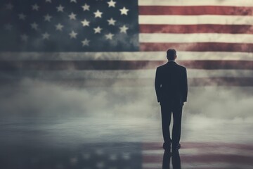 Fototapeta premium Man in suit facing flag, misty scene.