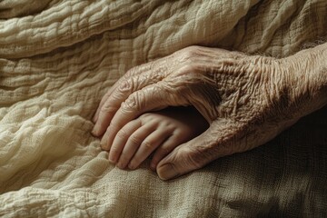 Fototapeta premium Close-Up of Elderly and Young Hands Touching, Symbolizing Generational Bond, Love, Compassion, and the Continuity of Family Relationships