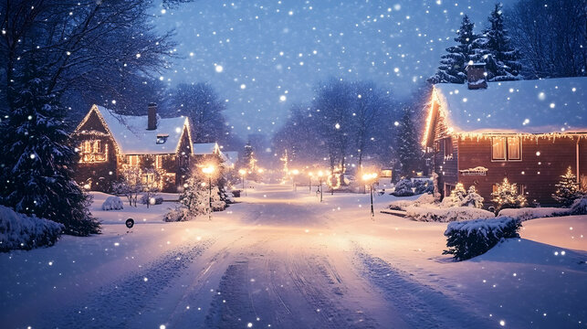 Gentle snowfall over a cozy winter village adorned with warm holiday lights, evoking peaceful and festive charm .4k image