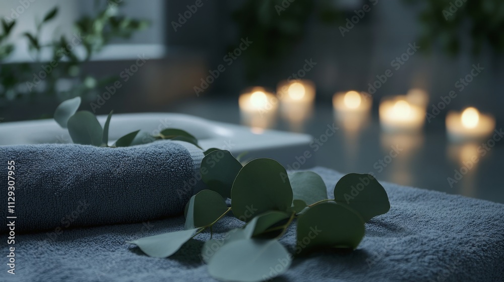 Poster Soft lighting creates a calming environment. Aromatherapy elements like eucalyptus enhance relaxation while candles provide gentle illumination.