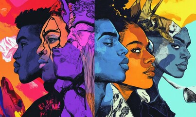 Vibrant portraits, diverse faces, colorful abstract background.