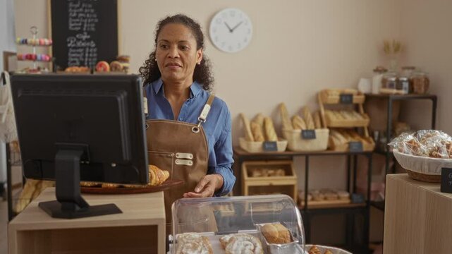 Woman working in bakery shop, serving customer fresh pastries, standing near cash register with bread and buns displayed on racks behind in an indoor environment.