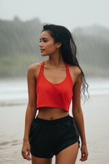 Fototapeta premium A woman in a red tank top and black shorts is walking on a beach in the rain. Concept of determination and resilience, as the woman continues to walk despite the wet and challenging conditions