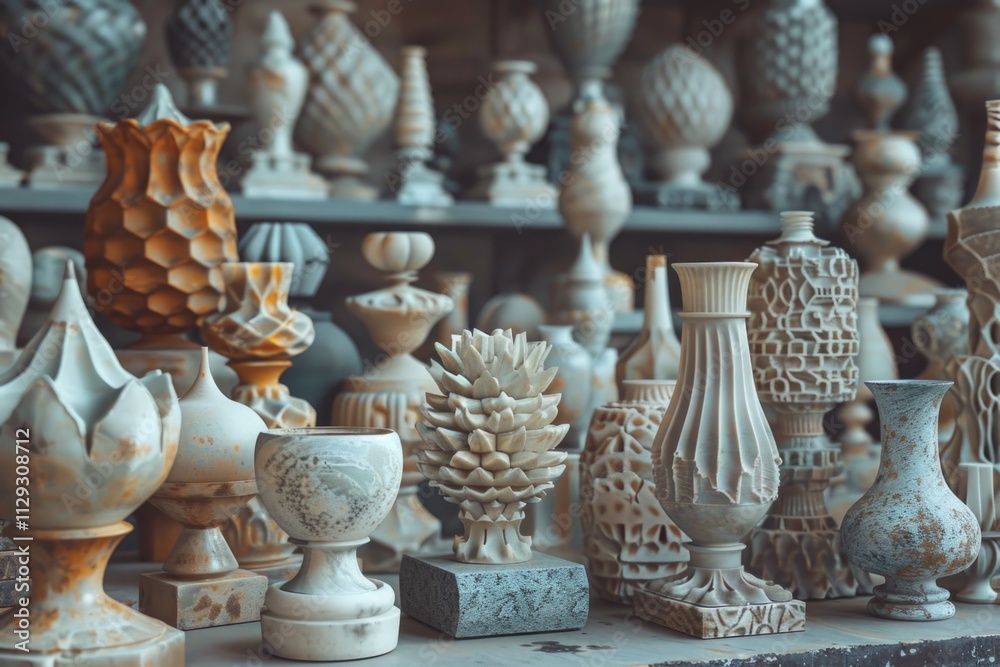 Poster a collection of vases and decorative items on a shelf, ideal for use in interior design or lifestyle