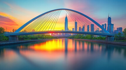 Obraz premium Vibrant sunrise over cityscape reflected in canal with modern arch bridge.