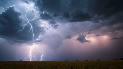 A dramatic illustration of lightning illuminating dark rain clouds over a golden wheat field during a summer storm