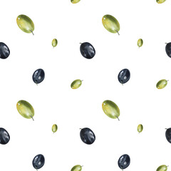 Green and black olive berries,seamless pattern. Hand drawn watercolor illustration. Seamless pattern for design