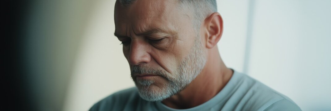 A man with a gray beard and a gray shirt is looking at the camera. He is deep in thought