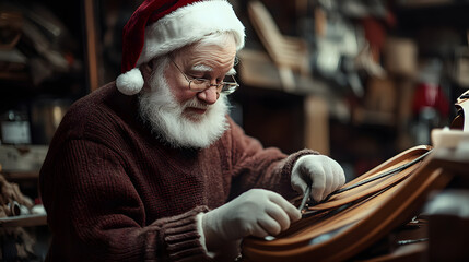 Santa tightening the reins on his sleigh in the workshop preparing for the long journey ahead.