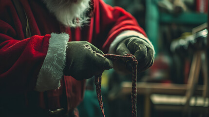 Santa tightening the reins on his sleigh in the workshop preparing for the long journey ahead.