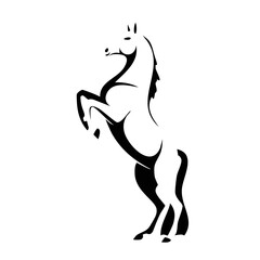 Rearing horse depicted in a minimalist black and white silhouette style, showcasing strength and elegance