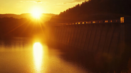 Fototapeta premium Golden Sunset Over Tranquil Reservoir and Massive Dam Structure Highlighting Natural Beauty and Engineering Mastery in a Serene Mountain Landscape