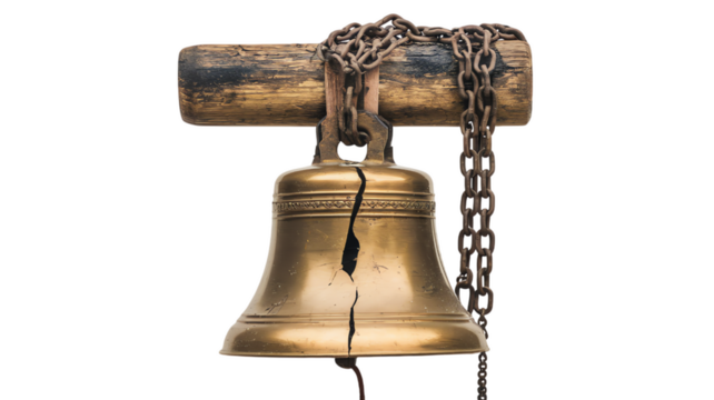 Historical bell with visible crack and chain on wooden beam displayed in open air