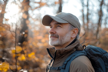 Senior man with beard hiking outdoors in autumn forest. Mature male in warm sportswear and hat backpacking on the nature. photo