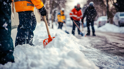 Workers shoveling heavy snow off a narrow road wearing bright jackets for visibility as they pile the snow on the sidewalk.
