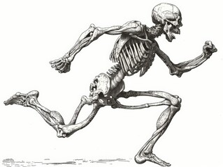 Energetic Skeleton in Jumping Motion on White Background