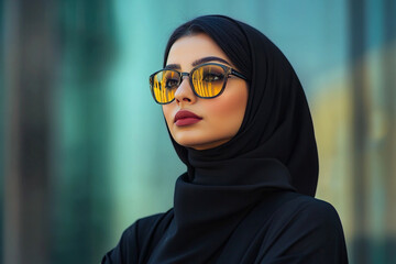 Young muslim woman in black hijab and yellow sunglasses. Confident arabian female in modern gold eyeglasses and dark scarf looking forward. photo