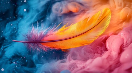 Obraz premium A Colorful Feather Dances in a Swirl of Paint, Generative AI