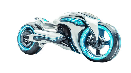 Sleek electric motorcycle with futuristic neon white blue design isolated on transparent background