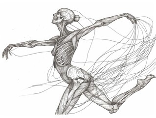 Dynamic Anatomical Skeleton in Happy Action on Minimalist White Background