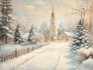 Vintage Christmas Snowy Church Snowy Village Oil Painting