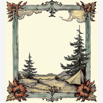 Vintage Camping Logo with Autumn Foliage Frame and Scenic Mountain Landscape