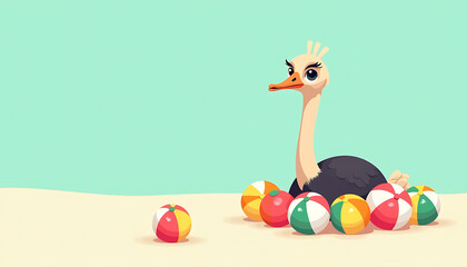 Obraz premium Cartoon ostrich surrounded by beach balls on a sandy shore