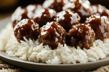 A plate filled with fluffy rice and savory meatballs, perfect for a casual meal or snack