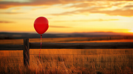 Vibrant Red Balloon Captured Against a Stunning Sunset Over a Serene Landscape with a Rustic Wooden Fence and Golden Tall Grass