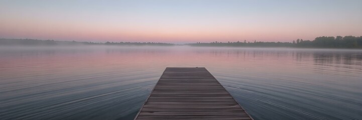 Fototapeta premium A peaceful evening view of a wooden dock on a misty lake, with soft ripples reflecting a pastel sunset.