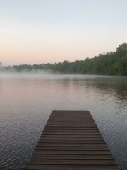 Fototapeta premium A peaceful evening view of a wooden dock on a misty lake, with soft ripples reflecting a pastel sunset.