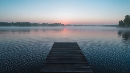 Obraz premium A peaceful evening view of a wooden dock on a misty lake, with soft ripples reflecting a pastel sunset.