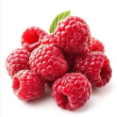 Close-up of fresh, ripe raspberries with a green leaf.