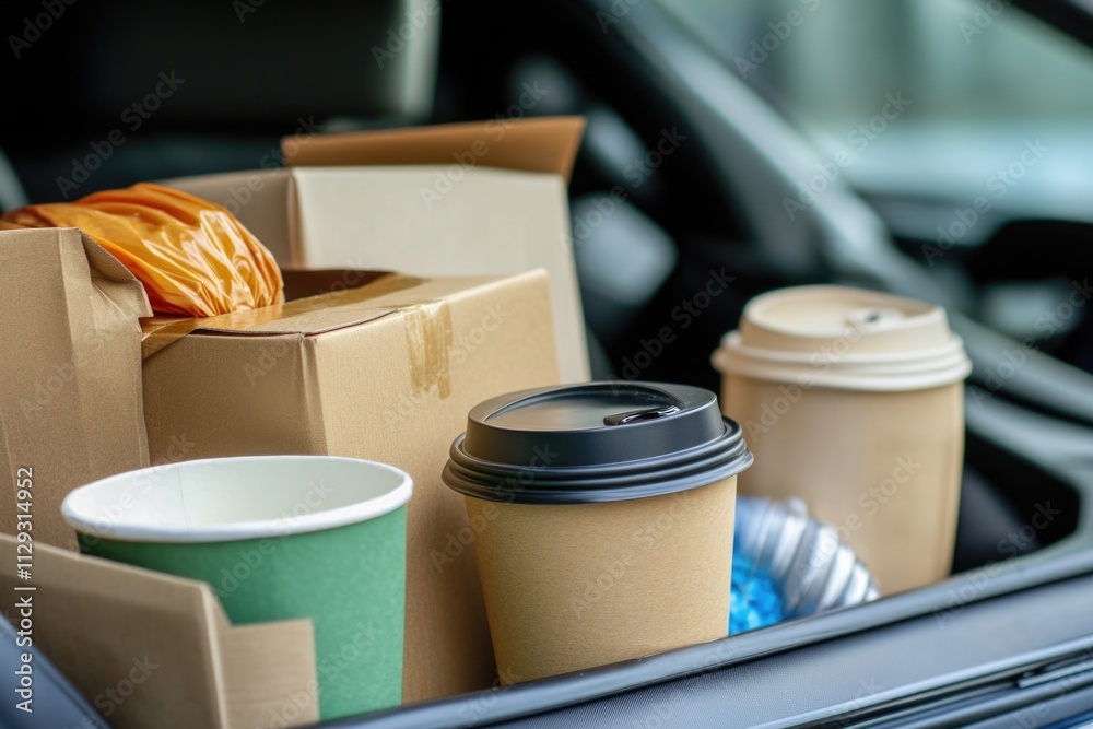 Poster a car packed with daily essentials like coffee cups and storage boxes, perfect for commuters or offi