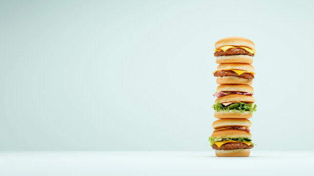 Tall stack of delicious burgers on light background, tempting and appetizing