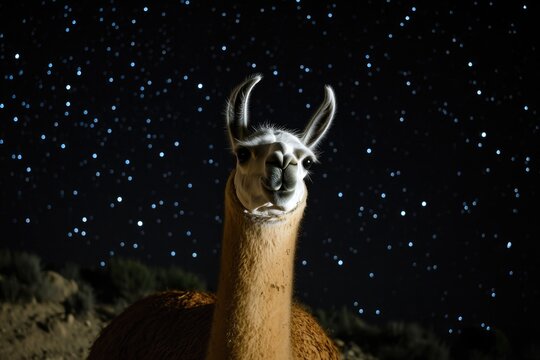 A close-up view of a llama surrounded by stars and clouds at night - Powered by Adobe