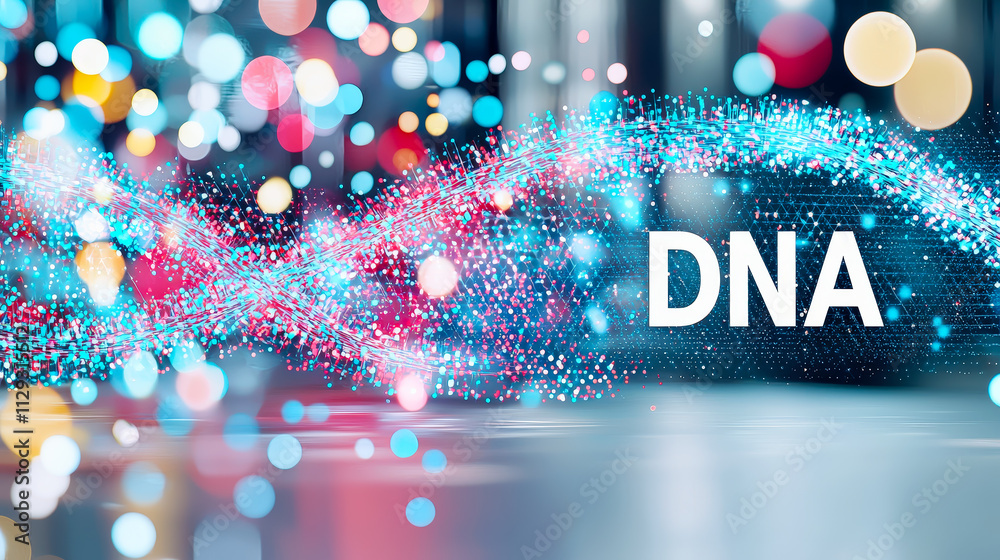 Poster Colorful representation of DNA structure with glowing particles and a vibrant background