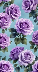 Fototapeta premium Seamless pattern of purple roses with watercolor effect on a soft blue background, painting, textured