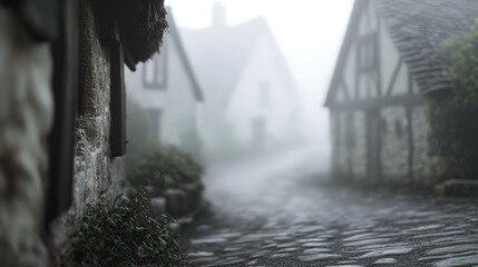 A narrow cobblestone street shrouded in misty fog in a quaint village