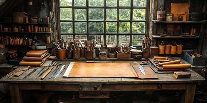 Chaotic leatherworking bench with scraps rulers and knives a piece of leather midcut focused lighting highlighting the action of crafting in progress