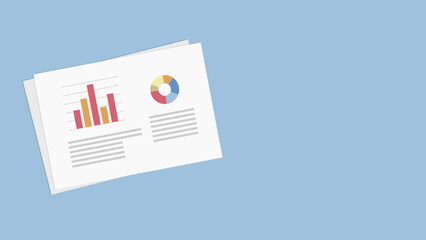 Two white sheets with colorful bar and pie charts and lines of text placed on a light blue background, showing financial reports or sales statistics.