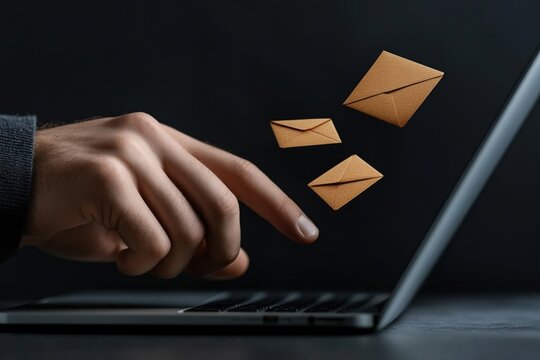 Person using laptop to send multiple emails to customers for direct selling initiatives and digital newsletters