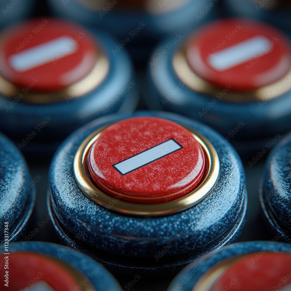 Poster a close-up shot of a bright red button on a keyboard, suitable for use in technology-related context