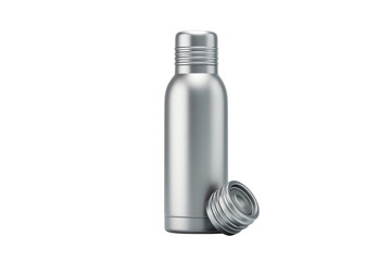 Stainless steel water bottle with a screw-on cap placed on a plain background