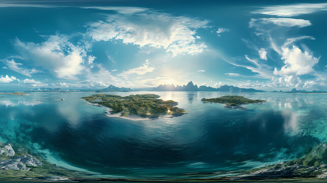 Archipelago, sea bay, hdri, environment map , round panorama, spherical panorama, equidistant projection, high resolution panorama. Horizon. Illustration