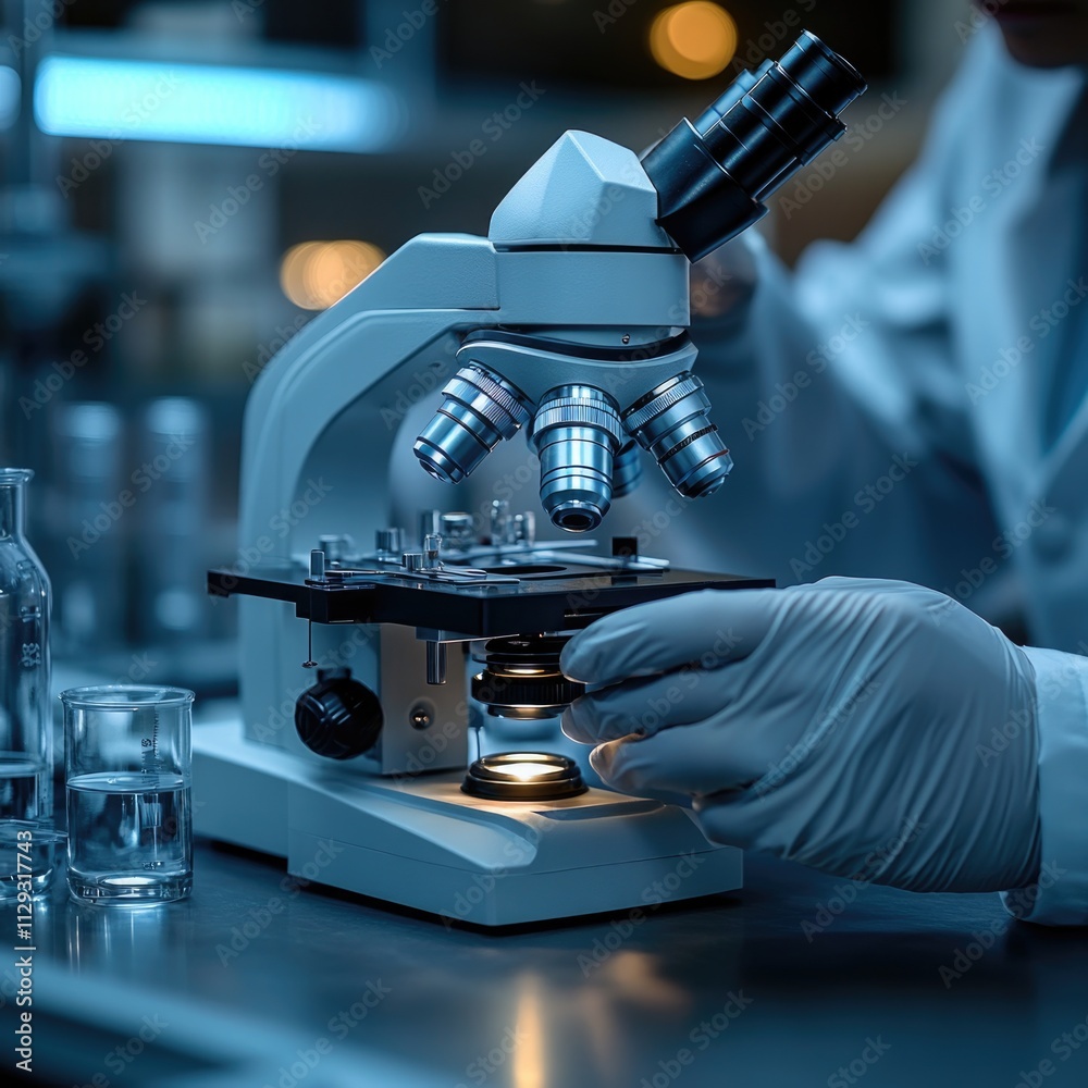 Poster close-up of scientist examining microscopic sample with detailed equipment