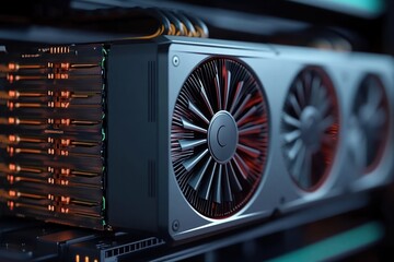 Crypto mining farm featuring high-performance graphics card rack in a modern setup